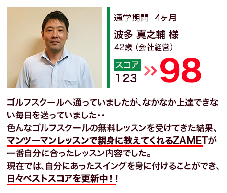 通学期間4ヶ月/波多 真之輔様 42歳（会社経営）/スコア123→98/ゴルフスクールへ通っていましたが、なかなか上達できない毎日を送っていました・・色んなゴルフスクールの無料レッスンを受けてきた結果、マンツーマンレッスンで親身に教えてくれるZAMETが一番自分に合ったレッスン内容でした。現在では、自分にあったスイングを身に付けることができ、日々ベストスコアを更新中！！